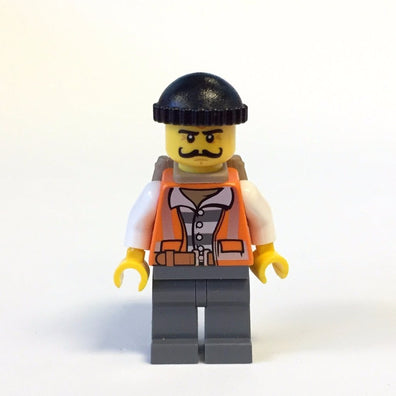 LEGO Minifigure-Police - City Bandit Male with Orange Vest, Black Knit Cap, Moustache Curly Long (60139)-Town / City / Police-CTY754-Creative Brick Builders